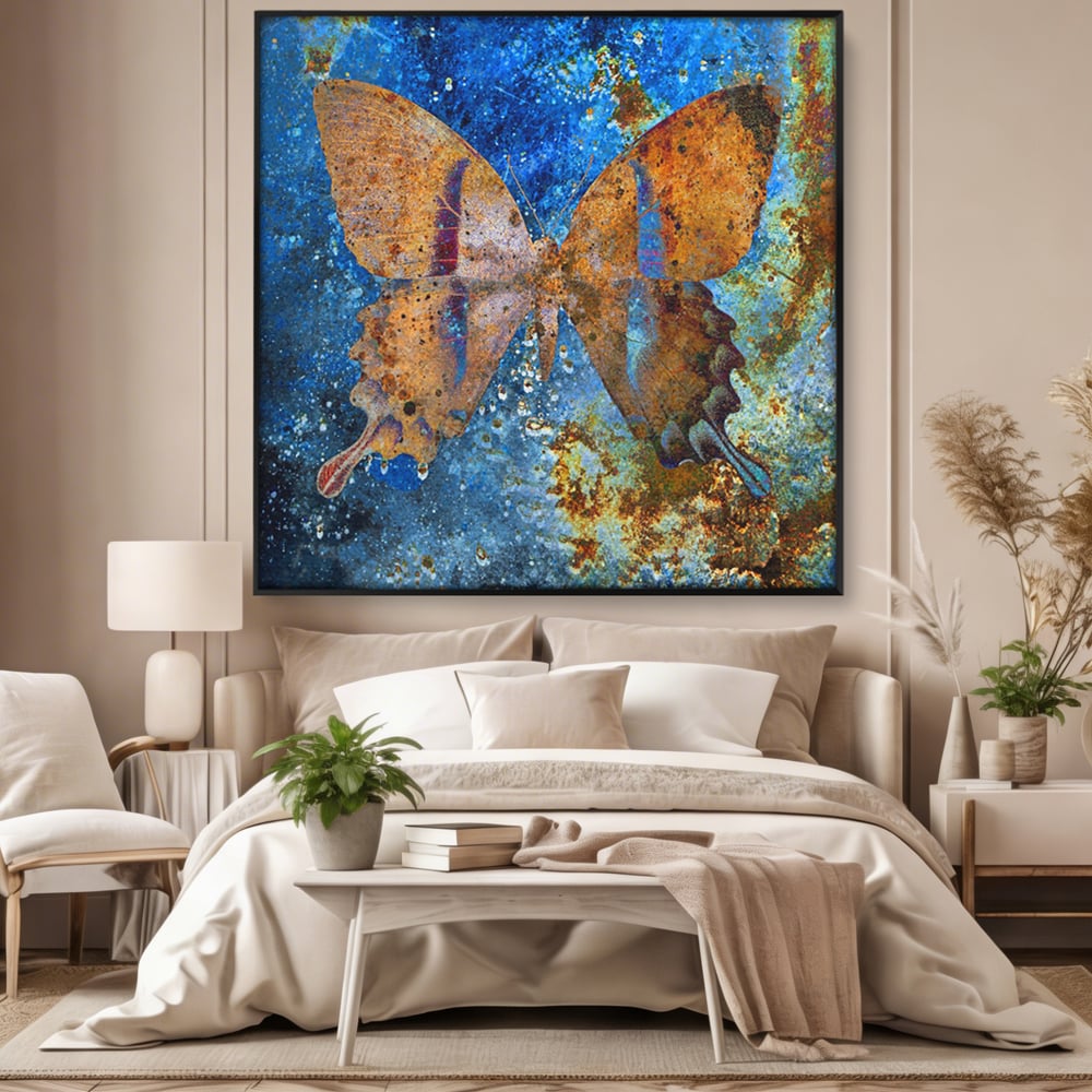 Tablou canvas cu tablou patrat cu fluture ruginiu, in rama de aluminiu negru, pe perete intr-un dormitor